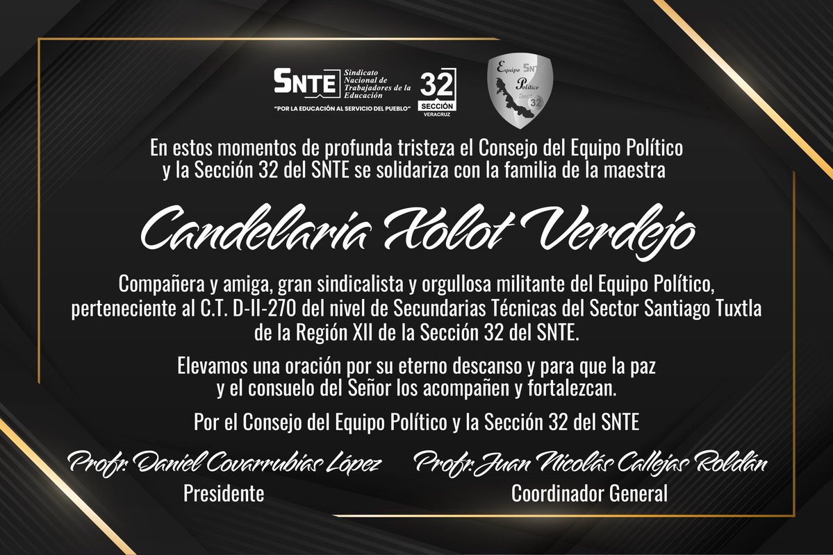 Hoy acompañamos con profundo respeto y solidaridad a la familia y amistades de nuestra compañera Candelaria Xolot Verdejo.

Que la paz y el consuelo fortalezcan sus corazones en este momento tan difícil.

#SNTE32 #EquipoPolítico