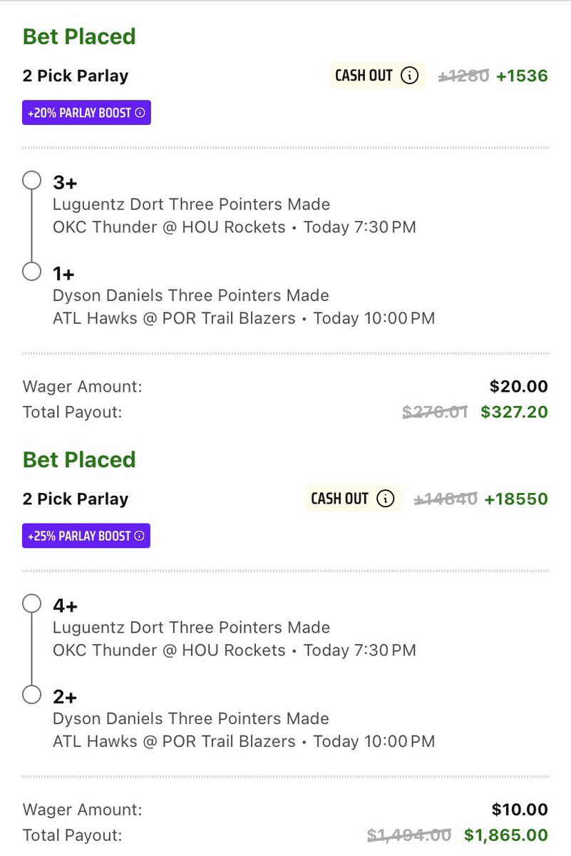 Dort / Dyson 3s stack Draftkings 🧩🔫

.20u Dort 3 / Dyson 1 (+1536)
.10u. Dort 4 / Dyson 2 (+18550)

Yes another gross play, but i’m expecting both of these guys to be guarded by centers dared to shoot. Dyson will hit some eventually 

#NBA #GamblingX #BettingPicks