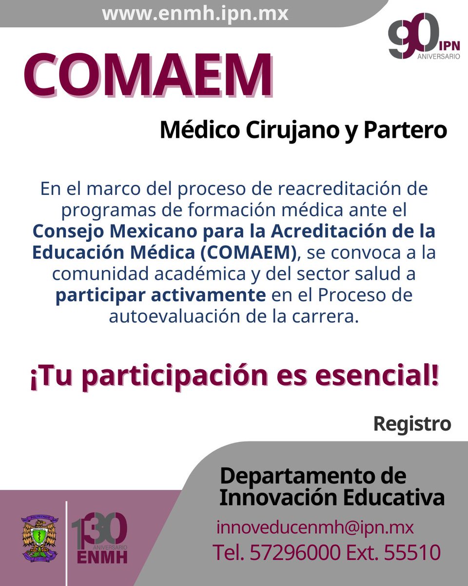 Se convoca a la comunidad a participar activamente en el Proceso de autoevaluación de la carrera Médico Cirujano y Partero, en el marco del proceso de reacreditación ante COMAEM.

Realiza tu registro en el Departamento de Innovación Educativa en la ENMH.