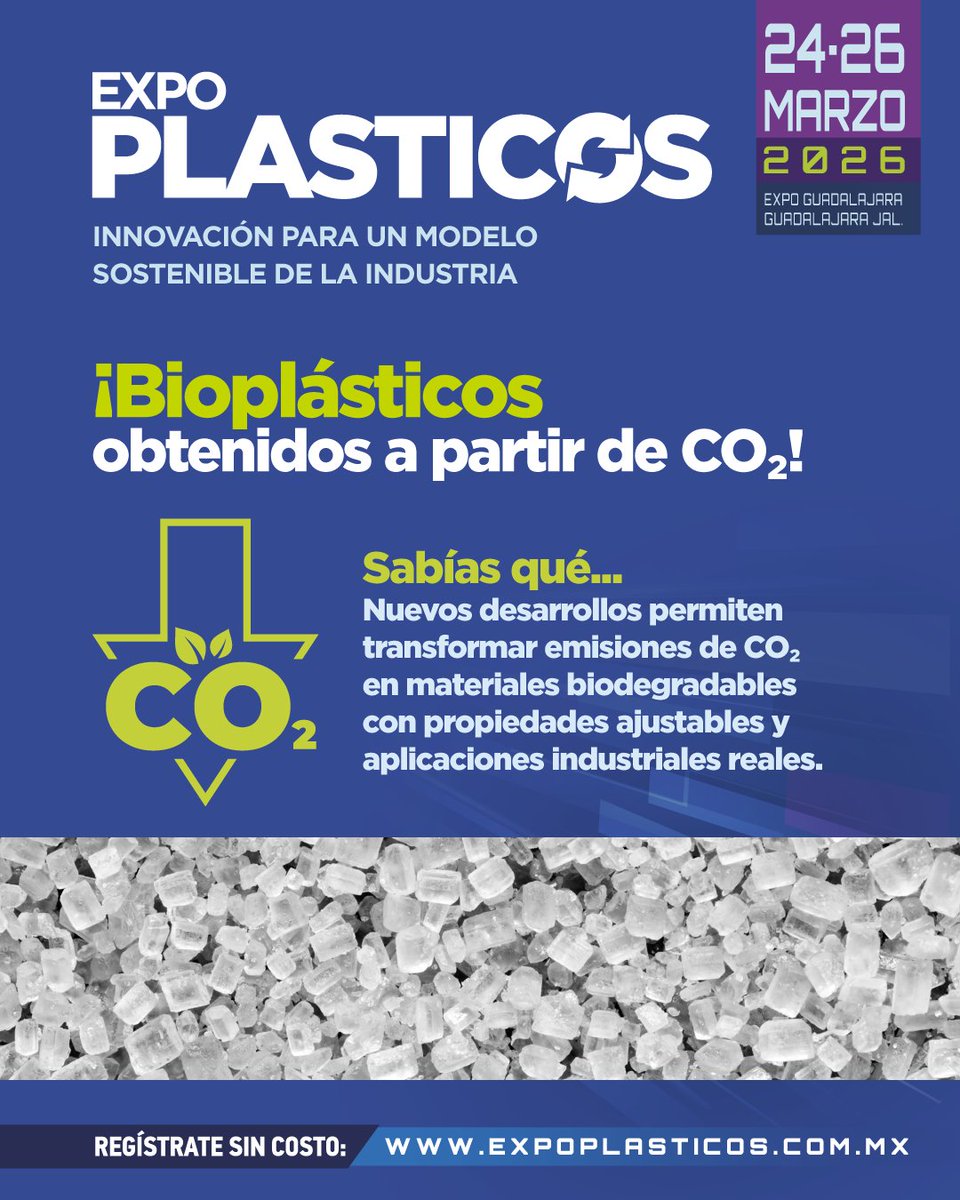 Los materiales evolucionan para responder a nuevos retos.
La obtención de bioplásticos a través de CO2, permite el desarrollo de procesos y su aplicación en la industria.

¡Regístrate sin costo! 👇 
expoplasticos.mx/2026/registro-… 

📅 24 al 26 de marzo, 2026 
📍 Expo Guadalajara