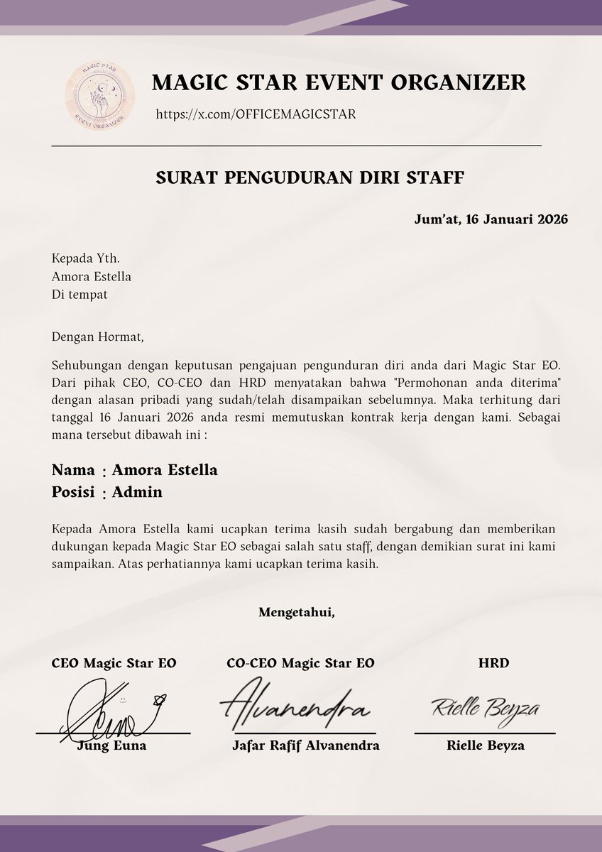 ㅤ
ㅤ
[ 📧  EMAIL ] 

To :  Mrs. Amora Estella ( <a href="/wonyouucg/">Wonyo.</a> ) 

From : Magic Star EO ( <a href="/OFFICEMAGICSTAR/">Magic Star Office : HIRING STAFF.</a> )

🖇 : Surat Pengunduran Diri.
💌 : Terima kasih sudah menjadi bagian dari Magic Star EO 🩷
ㅤ
ㅤ