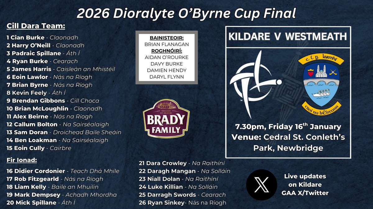 Best of luck to Cian Burke, Harry O'Neill, Brian McLoughlin and the Kildare Senior Footballers in tonight's O'Byrne Cup Final against Westmeath in Newbridge.

The game is also live on TG4 🏳️🏳️