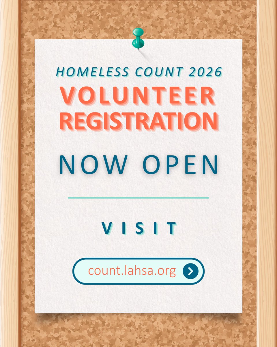 LAHD___'s tweet image. Volunteer registration is now open for the 2026 Los Angeles Homeless Count!

Learn more and sign up to volunteer at count.lahsa.org.