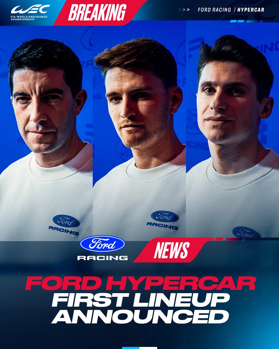 FIAWEC's tweet image. BREAKING NEWS 🚨: @FordRacing announces first Hypercar driver lineup for 2027.

Logan Sargeant, Mike Rockenfeller and Sebastian Priaulx will be amongst the first to drive the brand new Ford Hypercar. 

@LoganSargeant will start his WEC journey with Ford in the LMGT3 class this…