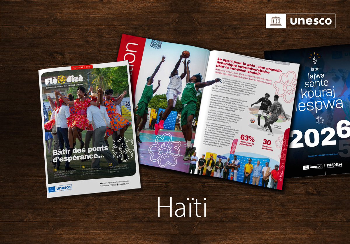 En 2026, bâtissons des ponts d’espérance avec l’ <a href="/unesco_haiti/">UNESCO Haïti</a>. À l'image de la Flè Dizè, cultivons la résilience par l'éducation, la culture et la paix.
​Découvrez nos actions marquantes de 2025 dans notre infolettre : lnkd.in/e3bKb9Dm

​#UNESCOHaiti #Haiti2026