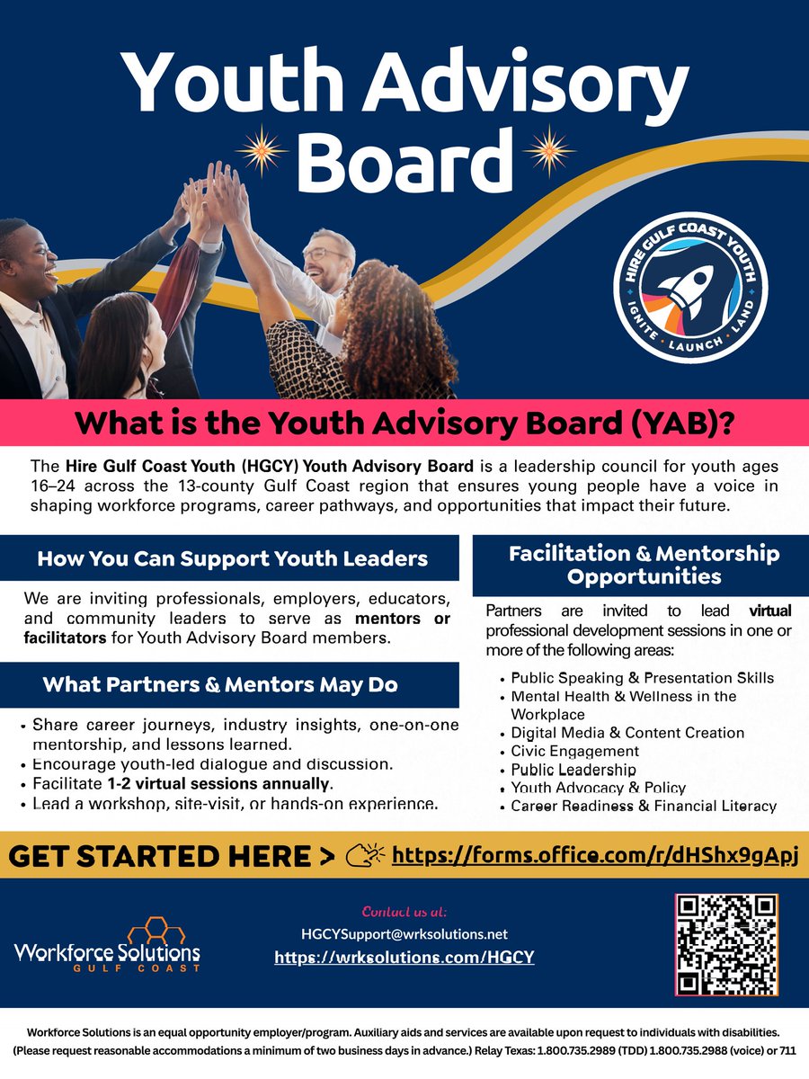 Mentors &amp; Facilitators Needed 📣

​Help young leaders (ages 16–24) in the Gulf Coast region "Ignite, Launch, and Land"!! 🚀  ​Share your expertise in digital media, civic engagement, or career readiness. ​📍 Apply here:
 forms.office.com/r/dHShx9gApj

​#Mentorship #Workforce #Volunteer