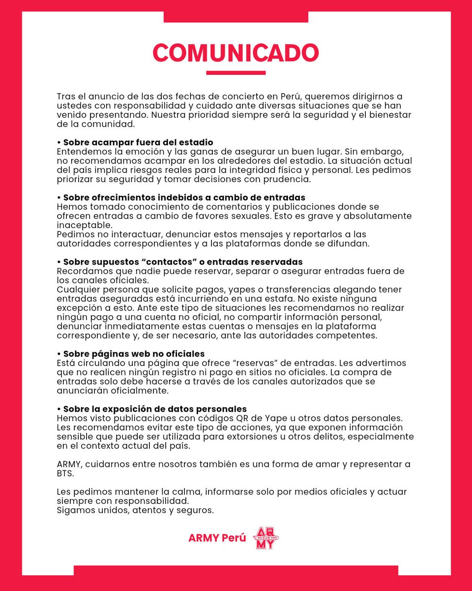 btsarmy_peru's tweet photo. [COMUNICADO] @BTS_twt

ARMY, se les pide leer atentamente este comunicado.

Les pedimos difundir al máximo y dar RT para que llegue a más ARMY y evitemos situaciones de riesgo.

La unión también es protección. 🫂💜

#ARMYprotectEachOther
#BTSComeback2026 https://t.co/tZ7HDzIQ7d