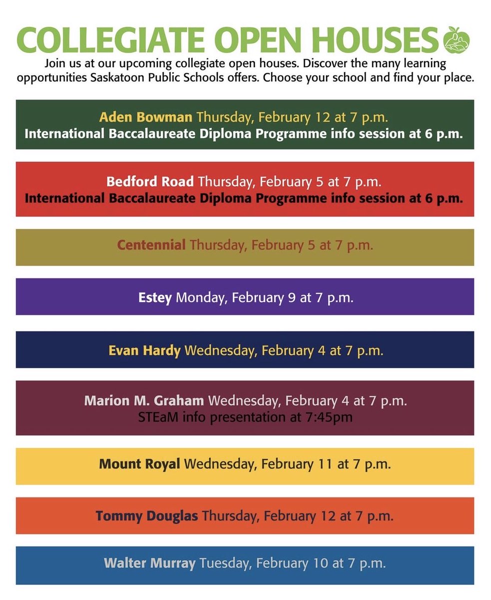 📣 Collegiate open houses are coming soon!  Grade 8 students and families are invited to learn more about high school programming this February #spslearn <a href="/StoonPubSchools/">Saskatoon Public Schools</a>
