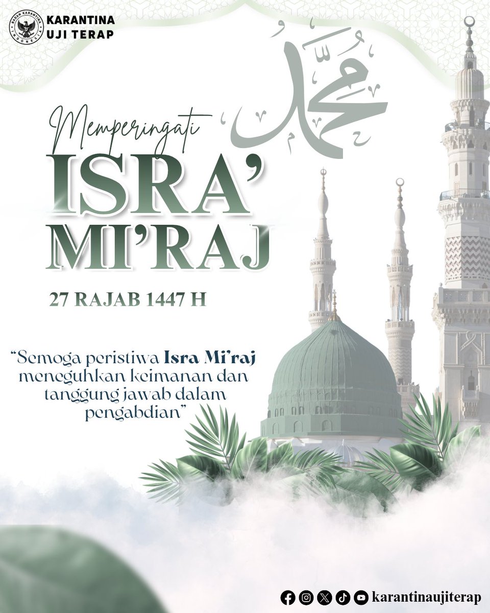 Selamat memperingati Isra Mi'raj 27 Rajab 1447H / 16 Januari 2026

Mari jadikan momen peringatan Isra Mi'raj ini sebagai momentum untuk memperkuat keimanan dan memperbaiki ibadah.

#KarantinaUjiTerap #IsraMiraj1447H #KarantinaMenjagaNegeri