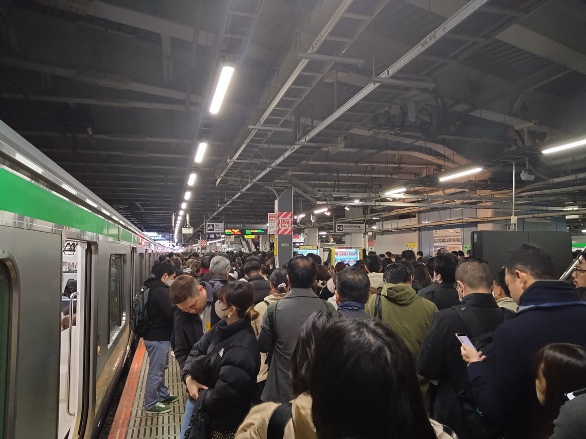 iwasakite's tweet photo. 東海道線で品川駅に着きましたが、コンコースが混雑でホームで待て！とこの状況です。

いやぁ最悪。おしくらまんじゅうじゃないだけましか。 https://t.co/BqajWEdM2U