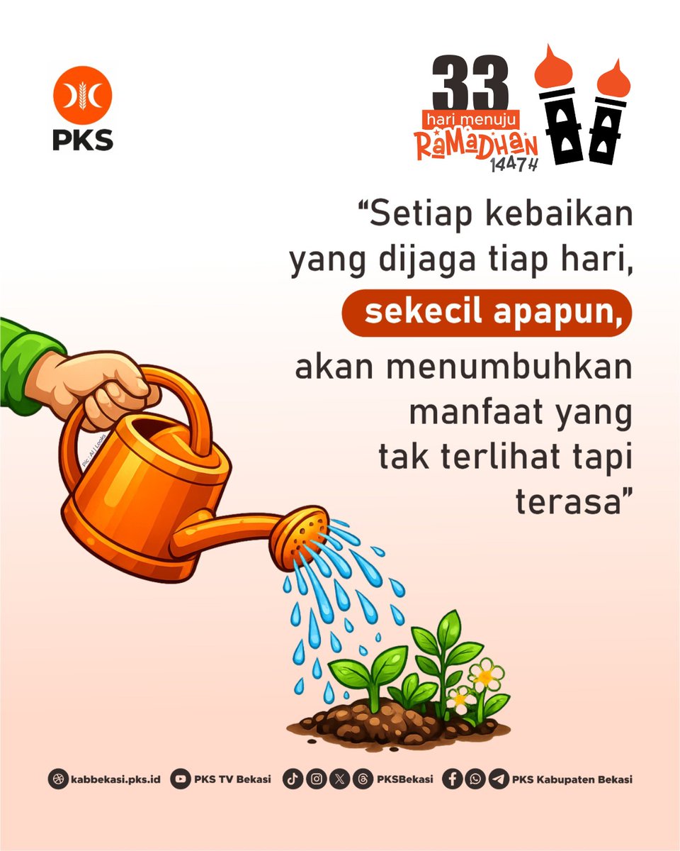 Kebaikan itu tidak selalu heboh, tidak perlu panggung, apalagi tepuk tangan.
Disiram pelan, dijaga konsisten, hasilnya mungkin belum kelihatan hari ini tapi terasa nanti.
Ramadan tidak menuntut sempurna, cuma minta setia merawat yang kecil-kecil.

#33HariMenujuRamadhan
