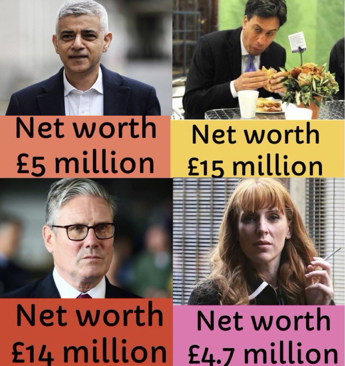 Labour the party for the working class 

Keir Starmer net worth - £14 million 
Angela Rayner net worth - £4.7 million 
Sadiq Khan net worth - £5 million 
Ed Miliband net worth - £15 million 
David Lammy net worth - £5 million 

How have they become so wealthy