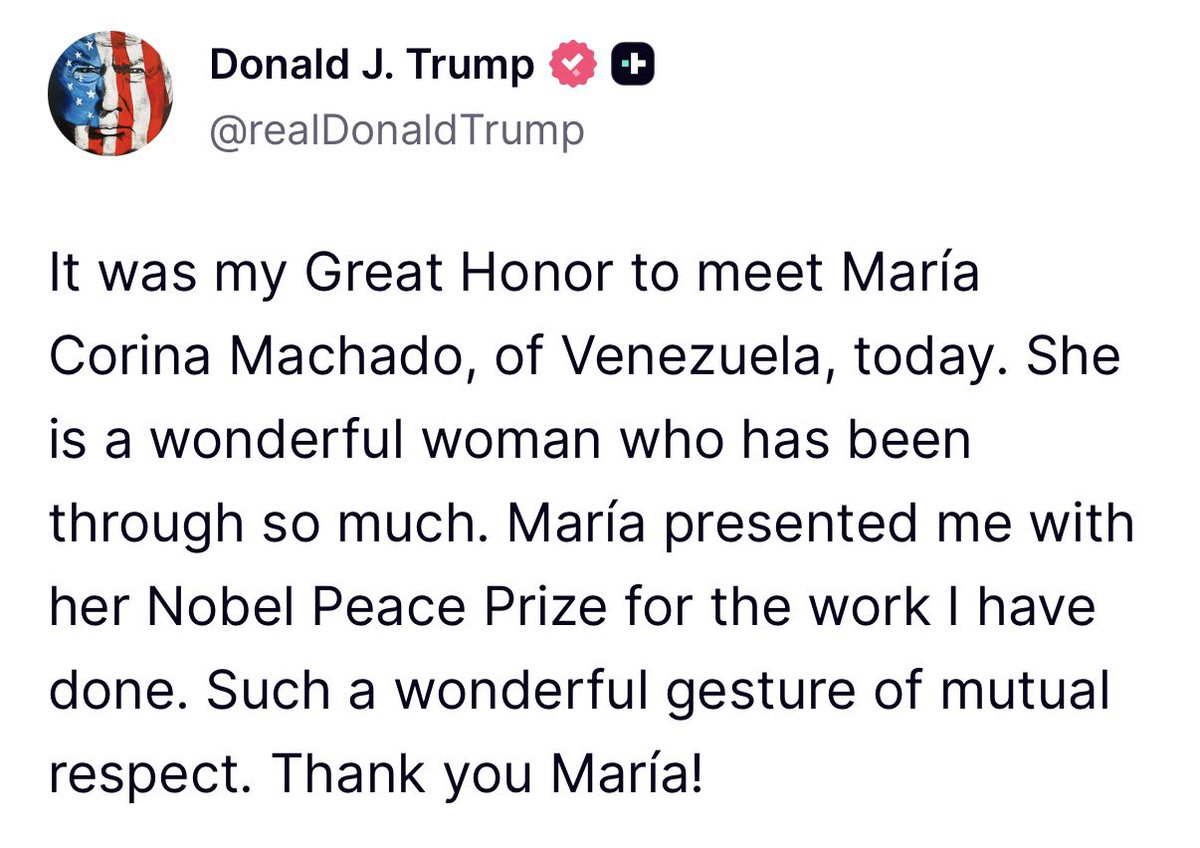 🇺🇸🇻🇪 | URGENTE — Donald Trump se pronuncia sobre Maria Corina Machado:

“Fue un gran honor para mí conocer hoy a María Corina Machado, de Venezuela. Es una mujer MARAVILLOSA que ha pasado por muchísimo. María me entregó su Premio Nobel de la Paz por el trabajo que he realizado.