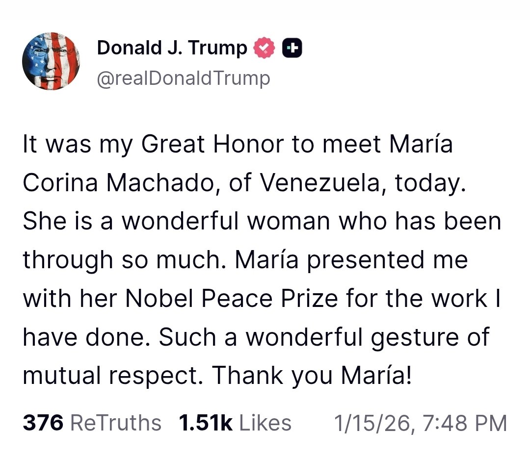 Fue un gran honor para mí conocer hoy a <a href="/MariaCorinaYA/">María Corina Machado</a>, de Venezuela. Es una mujer maravillosa que ha pasado por mucho. María me entregó su Premio Nobel de la Paz por el trabajo que he realizado. Un gesto maravilloso de respeto mutuo. ¡Gracias, María!