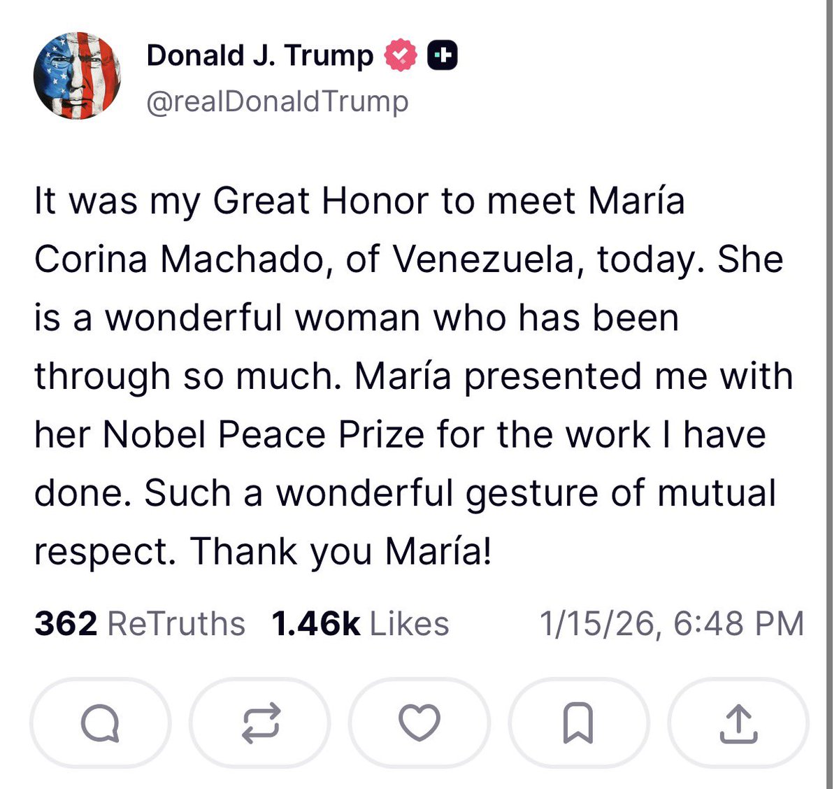 azucenau's tweet image. 🚨Donald Trump afirmó que fue “un gran honor” reunirse con María Corina Machado, a quien calificó como una mujer maravillosa. 

Dijo que ella le obsequió su Premio Nobel de la Paz como gesto de respeto mutuo.