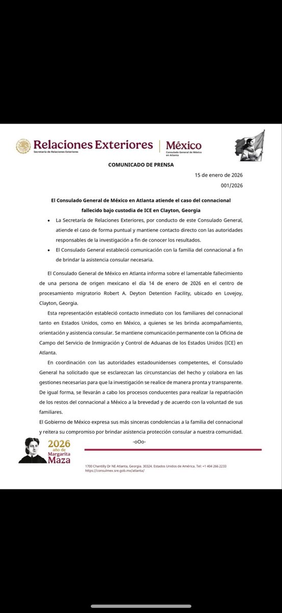 🚨NEWS: Another migrant has died in ICE custody, this time in Clayton, Georgia, according to the Mexican Foreign Ministry. I believe this is 5th migrant to die in ICE custody this year ... and it's only Jan. 15