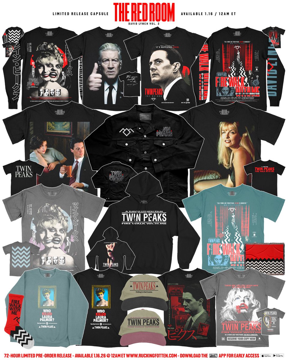 Presenting THE RED ROOM CAPSULE (David Lynch Vol. 2) - Releasing TONIGHT 1.16 @ 12AM ET / Early access available @ 11:30PM ET exclusively on the FTTP App.

100% of the proceeds from the “Fix Your Heart” t-shirt will be donated to the David Lynch Foundation.