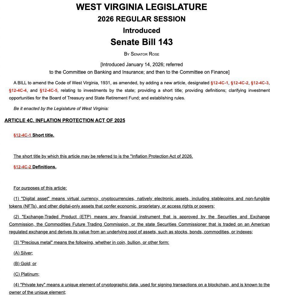 西弗吉尼亚州新法案：州财政或可将高达10%资金投向数字资产与贵金属
