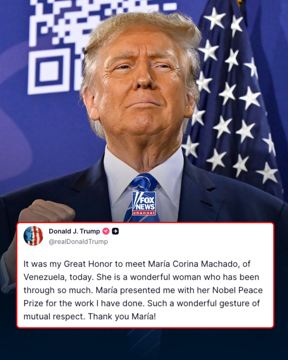 FoxNews's tweet image. 'WONDERFUL GESTURE': President Trump thanked Venezuelan opposition leader María Corina Machado for giving him her Nobel Peace Prize medal during their White House meeting.