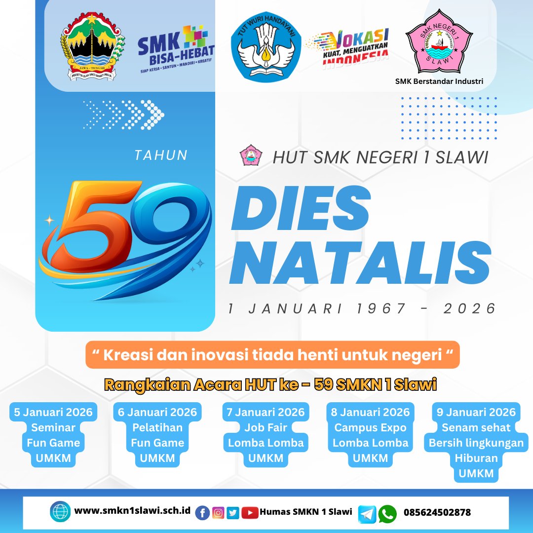 1Slawi's tweet photo. Video dokumentasi kegiatan dalam rangka memeriahkan HUT Ke - 59 SMK Negeri 1 Slawi

Hari 1 https://t.co/2GruWDaibu

Hari 2 https://t.co/DVYReFKCNH

Hari 3 https://t.co/Lje6mA0ael

Hari 4 https://t.co/LcRmHlA3tR

Hari 5 https://t.co/VMxWB21EGD https://t.co/Pr38KymvmS
