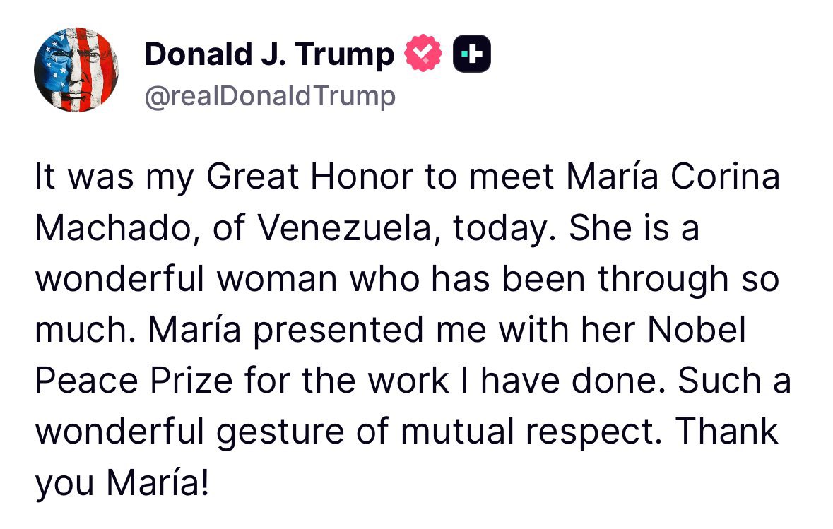 shanaka86's tweet image. THE NOBEL TRIBUTE

She won the Nobel Peace Prize for fighting tyranny.

Yesterday she gave the medal to the man who captured the tyrant.

He kept it.

She got a gift bag with his signature embossed in gold.

María Corina Machado walked into the White House hoping to become…