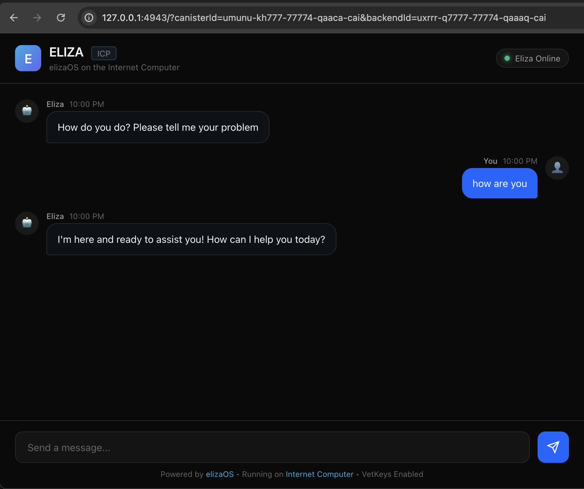 shawmakesmagic's tweet image. Eliza agent running fully on chain

Frontend and backend served on @dfinity Internet Computer

Using Eliza native rust runtime

Inference with OpenAI (using vetKeys) (or a small on-chain LLM)