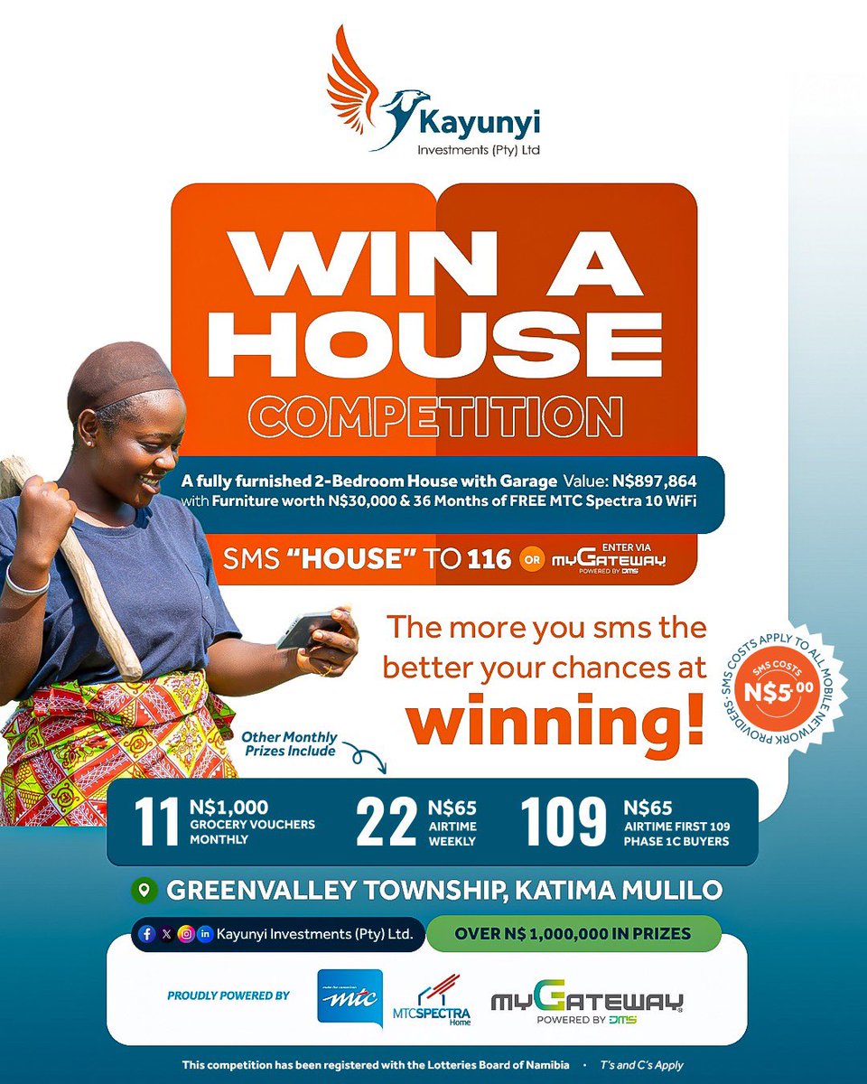 kayunyipty's tweet photo. Kayunyi Investments proudly launched its WIN A HOUSE Competition with weekly airtime give aways and monthly grocery vouchers. The more you sms the better your chances at winning your dream home in KatimaMulilo #KatimaMulilo
#Mtcspectra
#SmsHOUSEto116
#5Dollarspersms https://t.co/nTQJeJe9kN