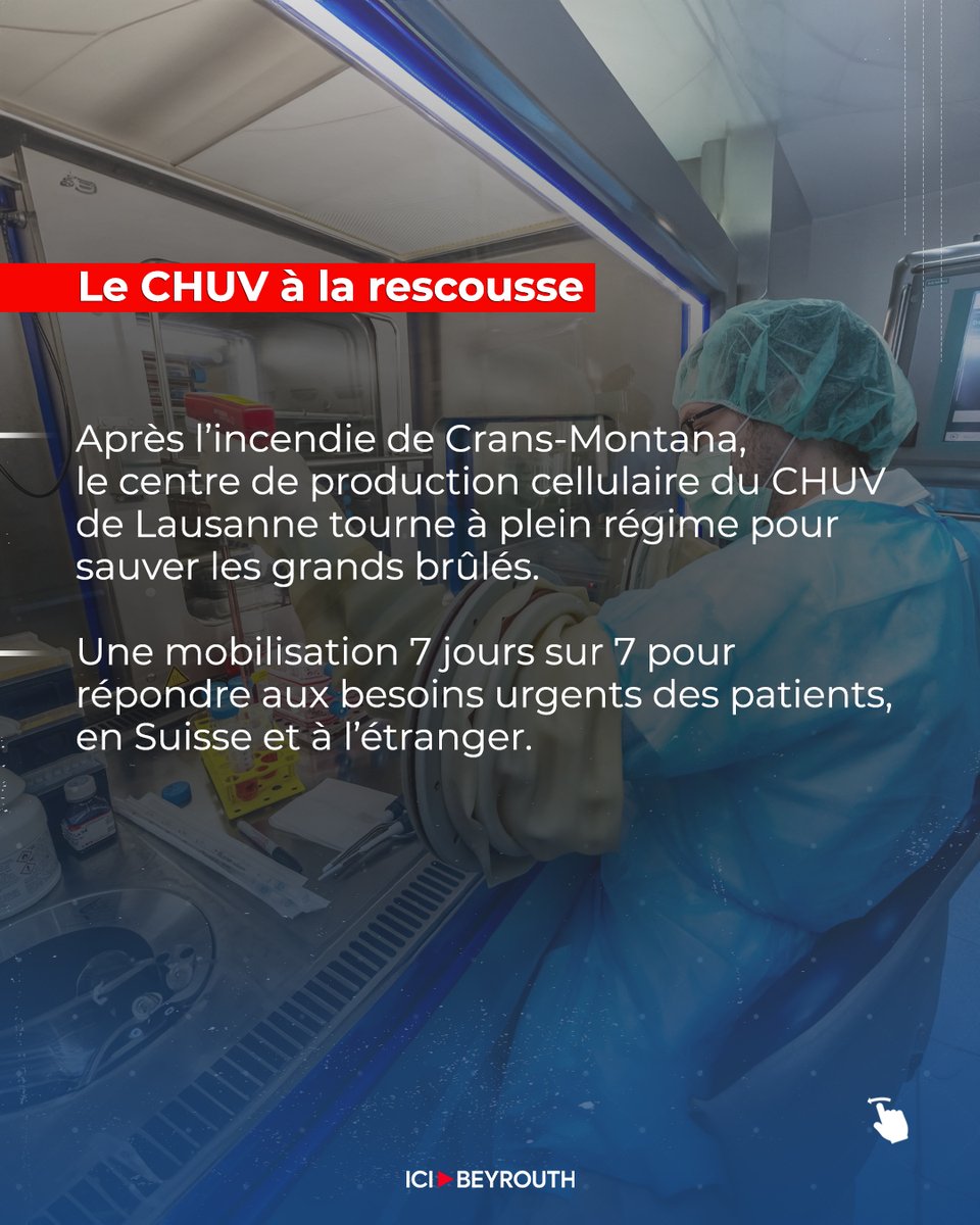 Icibeyrouthnews's tweet photo. Après l’incendie tragique de #Crans-Montana, le CHUV de #Lausanne déploie tous ses moyens pour sauver les grands #brûlés.
Du laboratoire où la #peau cultivée se multiplie jusqu’aux #greffes vitales réalisées dans les 48 heures, chaque étape est cruciale.

Pour en savoir plus, lisez l’article sur #IciBeyrouth via le lien: https://t.co/cPRx6MdC4F