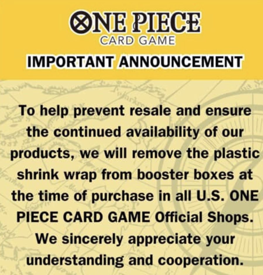 onepiecetcgdeal's tweet image. The Bandai stores themselves will be removing the plastic wrap in order to prevent scalping. Because of this many older sets now have boxes without shrink wrap on eBay. Always be careful when buying open boxes! #onepiecetcg #bandai