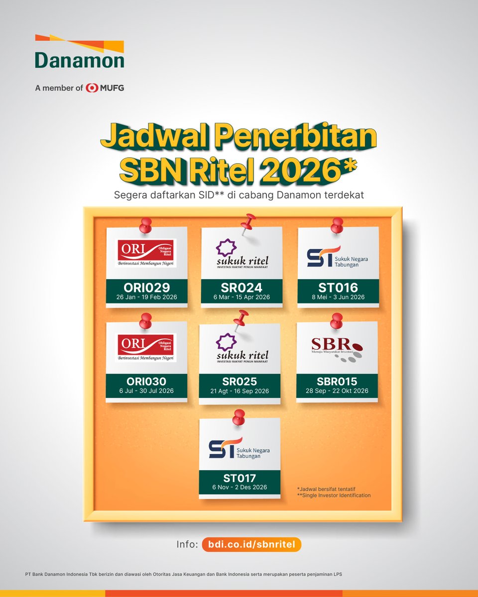 danamon's tweet image. Impian butuh pondasi, masa depan butuh aksi 🏃🏻

Rencanakan dari sekarang untuk punya investasi dengan imbal hasil rutin dengan produk investasi SBN Ritel.

📅 Catat tanggalnya dan jangan sampai ketinggalan.

Info: bdi.co.id/sbnritel
#Danamon #TumbuhBersamaDanamonGroup