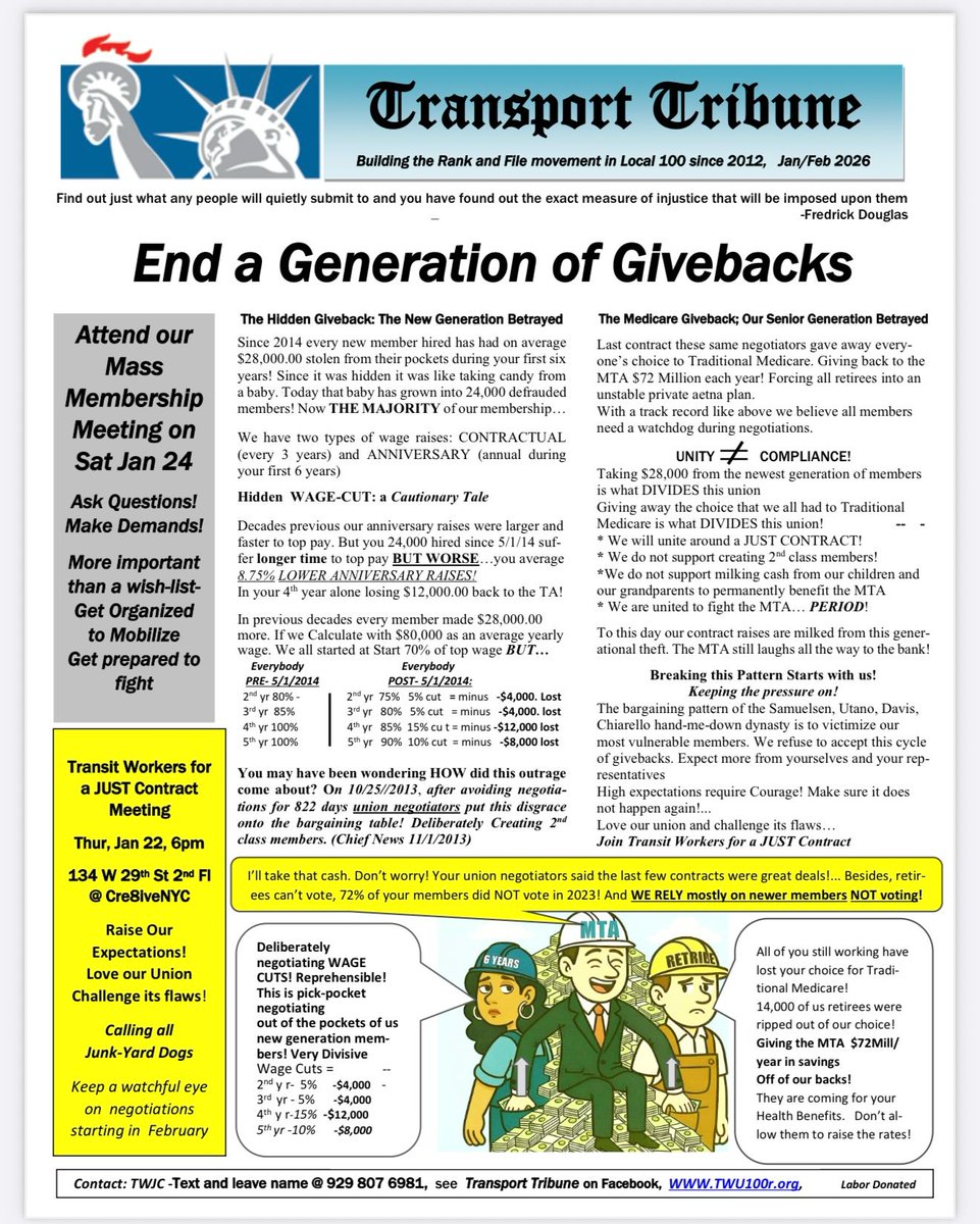 TO ALL TWU LOCAL 100 MEMBERS 

We Move NY...but we can't afford to live here

Join us in fighting for the following:

(Contract Leaflet and An informative leaflet by Transit Workers for a Just Contract explaining why we MUST STOP A Generation of Givebacks (ATTACHED)