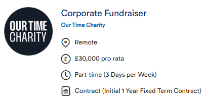 Jobs4Rojava's tweet photo. Corporate Fundraiser
Our Time Charity
Remote
£30,000 pro rata
Part-time (3 Days per Week)
Contract (Initial 1 Year Fixed Term Contract) https://t.co/qZYx2wNHs3