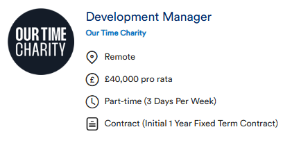 Jobs4Rojava's tweet photo. Development Manager
Our Time Charity
Remote
£40,000 pro rata
Part-time (3 Days Per Week)
Contract (Initial 1 Year Fixed Term Contract) https://t.co/GZOx2Lz38J