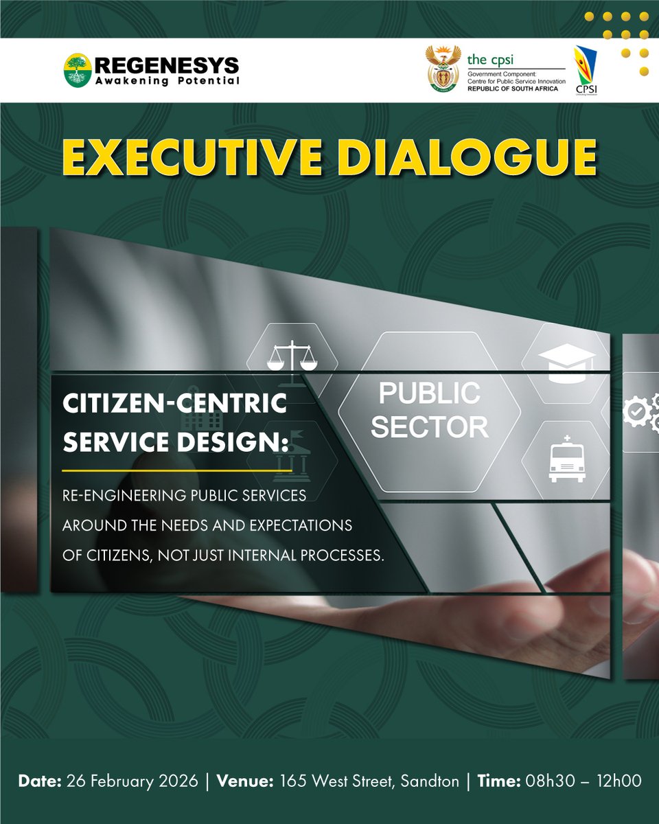 regenesys_edu's tweet image. Save the Date Feb 26, 2026 | Executive Dialogue: Citizen-Centric Service Design

#SouthAfricans are demanding #publicservices that are #simple, #digital and delivered with respect, fewer queues, faster turnaround and solutions that reflect real lives.

This executive dialogue