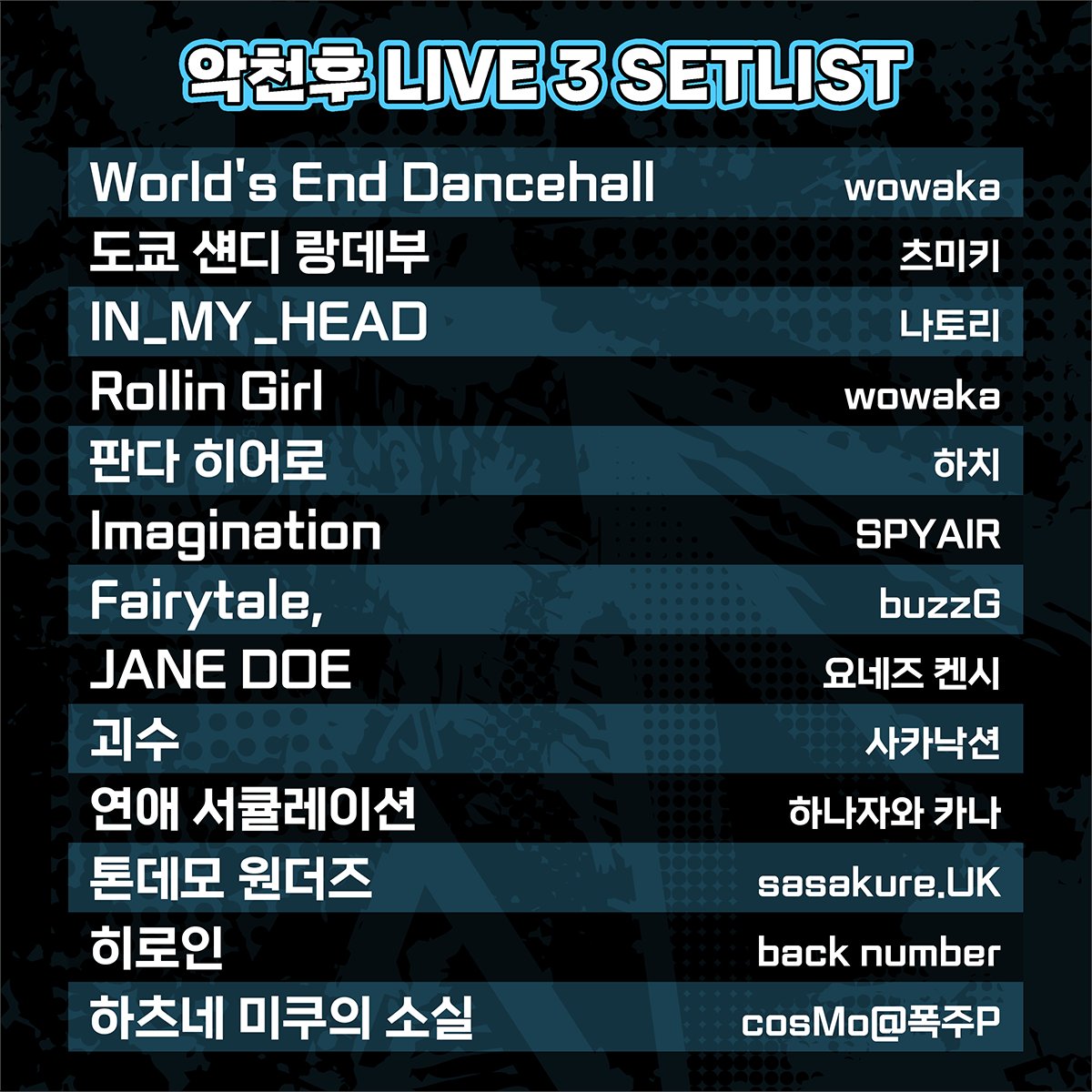 ACHlive's tweet image. #악천후LIVE
#SETLIST

악천후 LIVE 3에서 선보일 악곡 목록을 공개합니다.

🎧 유튜브 플레이 리스트로 공연 미리 즐기기 : youtube.com/playlist?list=…

🎟️ TICKET OPEN : 1월 23일 오후 8:00
       (예매 페이지 19일 공개예정)