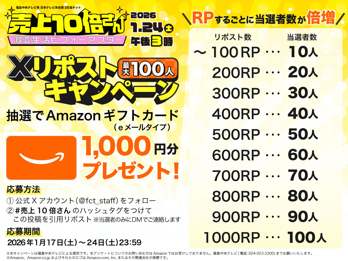 🎁RPキャンペーン🎁

1月24日(土)午後3時放送
福島中央テレビ制作 日テレ系全国28局ネット

💰『売上10倍さん
　　　激変生活ビフォーアフター』✨

RP数に応じて当選者数が倍増⬆️
💰Amazonギフトカード1,000円分を
抽選で最大100人にプレゼント✨

①このアカウントをフォロー
②#売上10倍さん