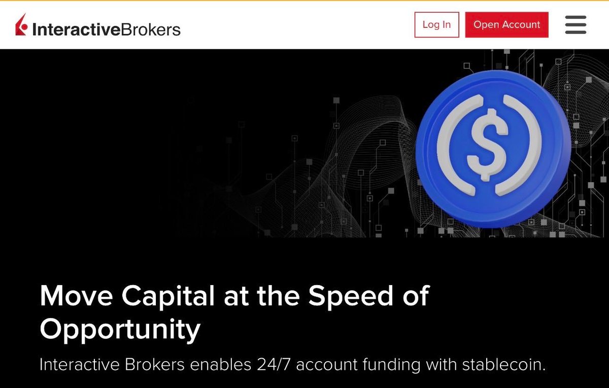 NEWS: Interactive Brokers, a $40B+ global brokerage giant, launches 24/7  account funding via $USDC on @solana and other chains, enabling  near-instant deposits and round-the-clock trading across 170 global markets.