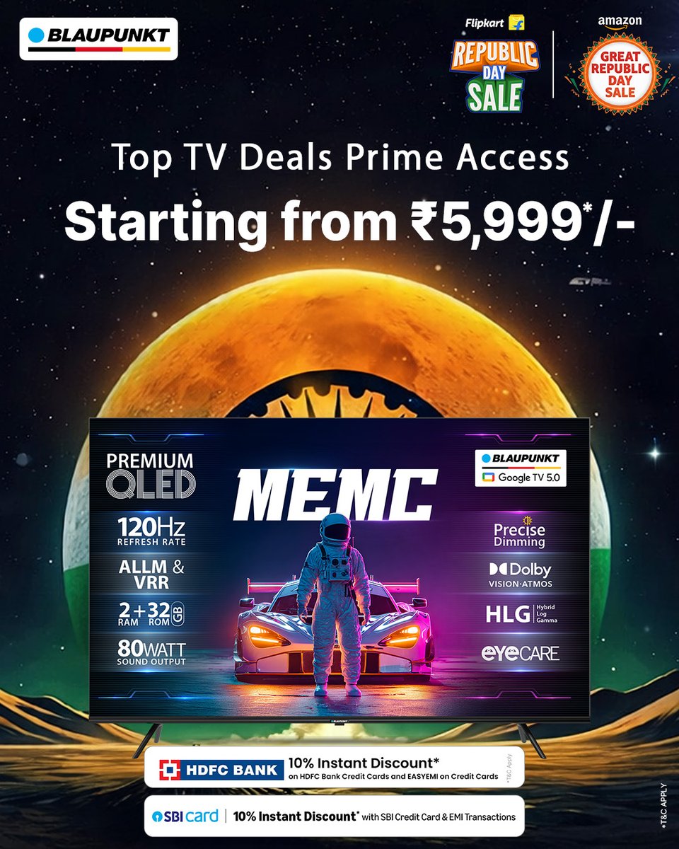 🇮🇳🚀 Republic Day Sale is LIVE!

Lights. Speed. Action. Bring home a TV that feels straight out of the future with Blaupunkt Premium QLED TVs. 
#BlaupunktQLED #RepublicDaySaleLive #SmartTVIndia #FlipkartAmazonDeals #HomeEntertainment