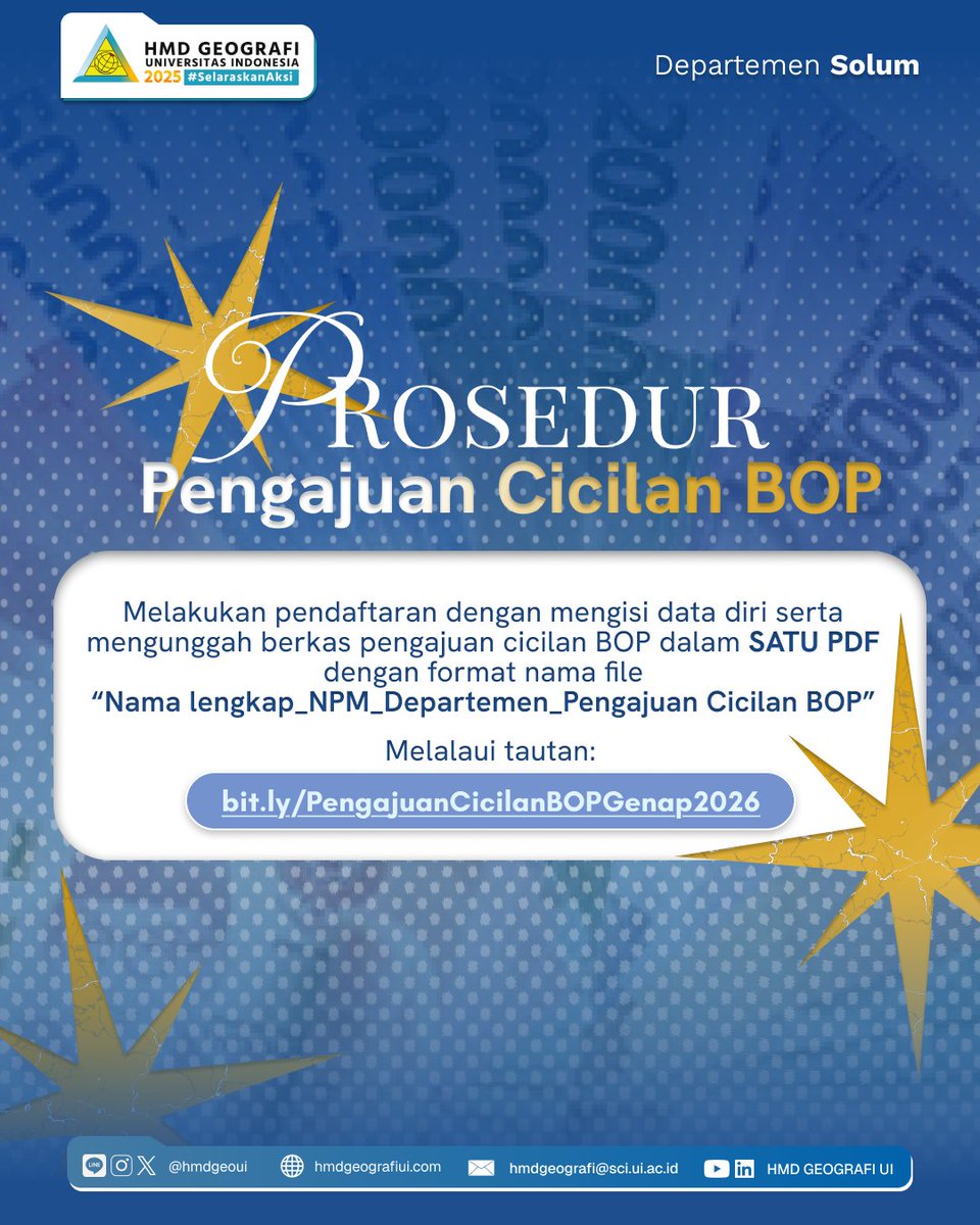 Halo, Geopeeps‼️🌍

Batas pengajuan cicilan Biaya Operasional Pendidikan (BOP) untuk Semester Genap tinggal 3 hari lagi 😱

🗓️ Periode pengajuan cicilan BOP
6 Januari 2025 – 19 Januari 2026
🔗 bit.ly/BerkasCicilanB…
🔗 bit.ly/PengajuanCicil…