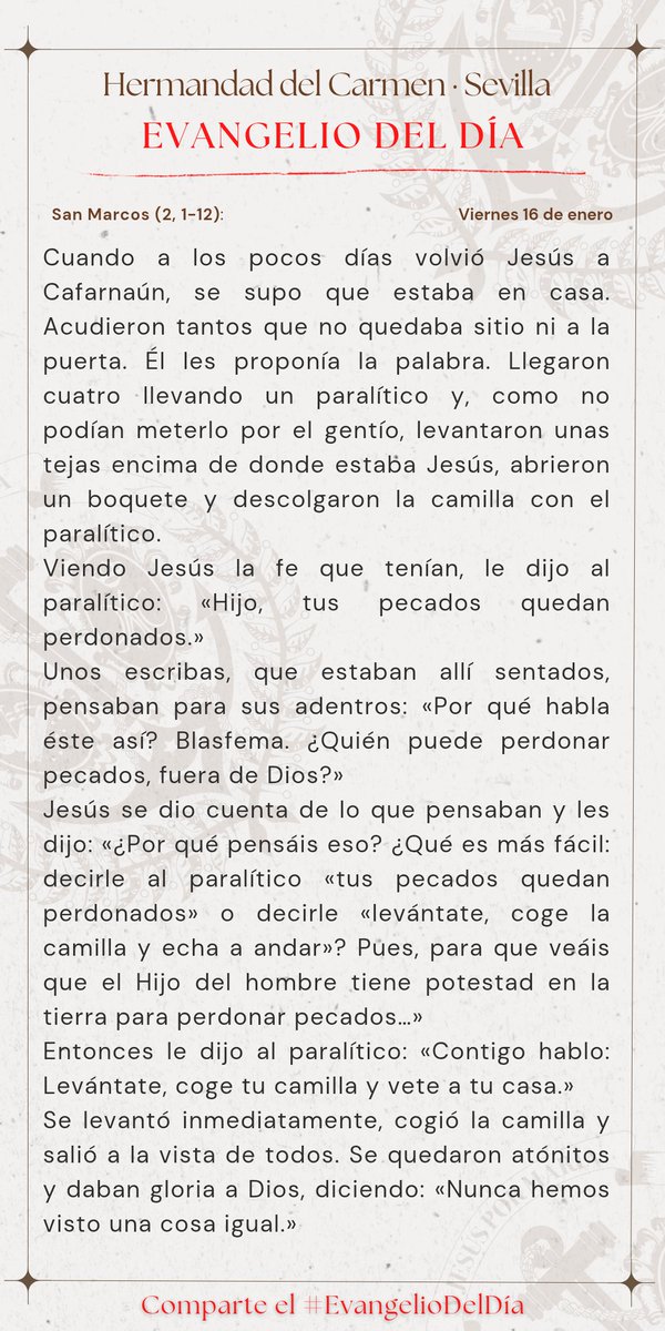 #EvangelioDelDía | 📖 San Marcos (2, 1-12): Gloria a ti, Señor Jesús.