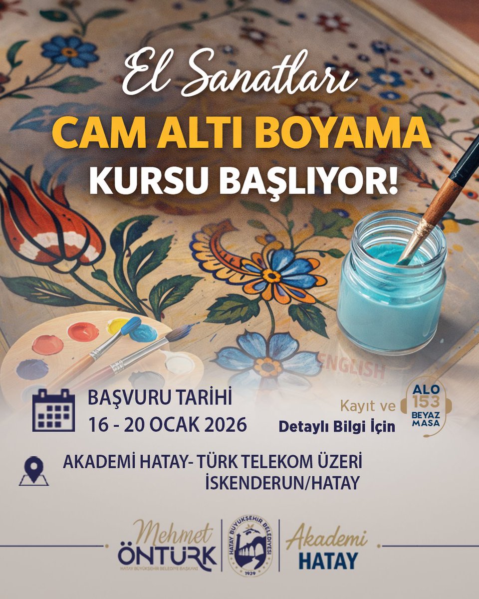 AkademiHatay's tweet photo. El Sanatları Cam Altı Boyama Kursu başlıyor..!
📅 Başvuru Tarihi: 16 – 20 Ocak 2026
📍 Yer: Akademi Hatay – Türk Telekom Üzeri İskenderun / Hatay
ℹ️ Detaylı bilgi ve kayıt için: ALO 153 Beyaz Masa
#hatay #İskenderun #akademihatay #camaltıboyama #ElSanatları #kurs https://t.co/2qvNAB1r3s