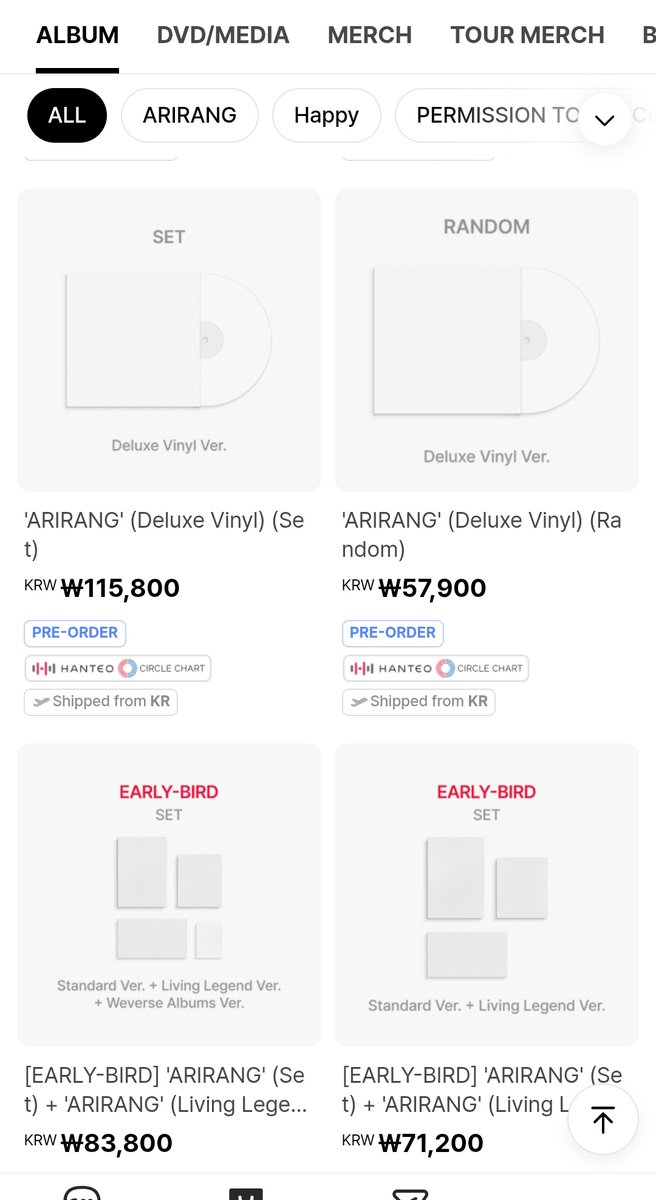 rockstarstae's tweet image. Harga album 'ARIRANG'

ARIRANG (Living Legend Ver.) = 314K
ARIRANG (Weverse Albums ver.) = 144K
ARIRANG (Random) = 251K
ARIRANG (Set) = 502K
ARIRANG (Deluxe Vinyl - Set) = 1,3 jt
ARIRANG (Deluxe Vinyl - Random) = 664K
ARIRANG (Standart Vinyl - Random) = 457K
—cont.