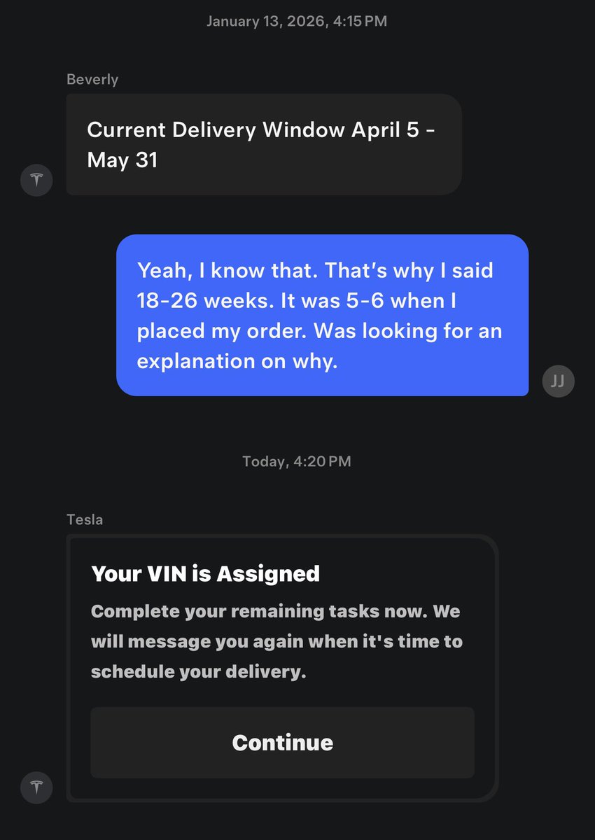 JasonDischer's tweet image. It’s happening!!
Teslas VIN estimates were all over the place, glad that’s over with. Funny how I got the text at 4:20. 
@rhensing @cybertruck