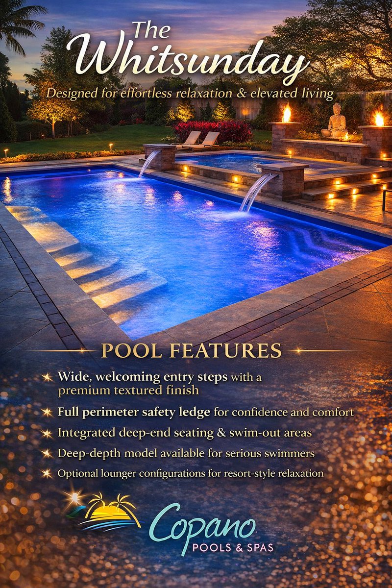 CopanoPools's tweet image. Meet The Whitsunday ✨
Designed for effortless relaxation and elevated everyday living. From wide entry steps to resort-style loungers, this pool brings the vacation home. 🌴💦
#CopanoPools #TheWhitsunday #BackyardGoals #LuxuryLiving