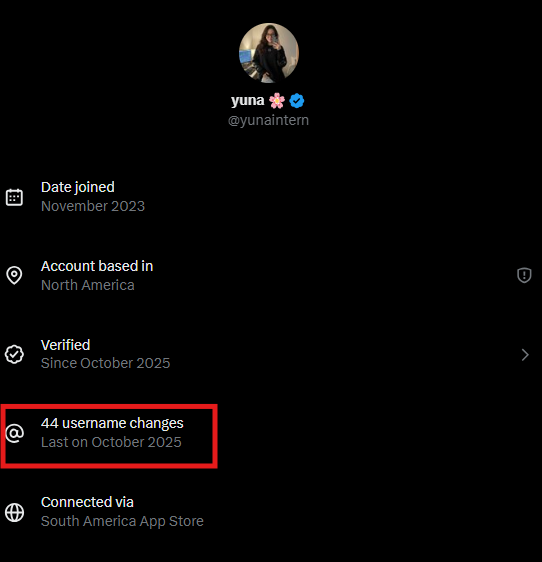 What's wild to me is X is now equipping us with the tools we need to sus out scammers and people are just ignoring them.

Take <a href="/yunaintern/">yuna 🌸</a> as an example. This person had 44 name changes since their account was created, the last of which was in October of last year. And yet,