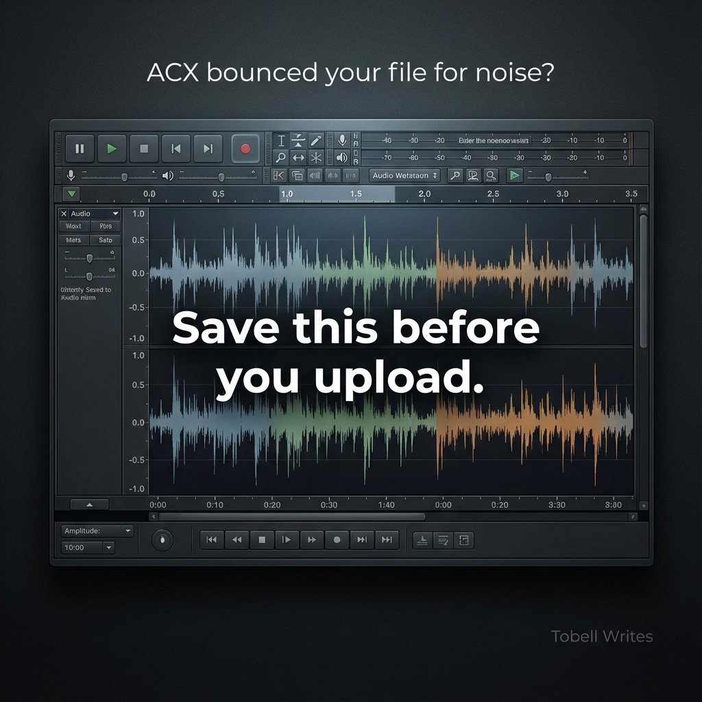 Gaylussac191's tweet image. ACX rejections aren’t bad narration.
They’re missed specs.
This cheat-sheet shows the edit order, ACX numbers, and final checks.

Save before export.
If ACX bounced your file, reply FIX.

Tobell Writes
#AudiobookTips #ACXhelp #IndieAuthor #SelfPub
