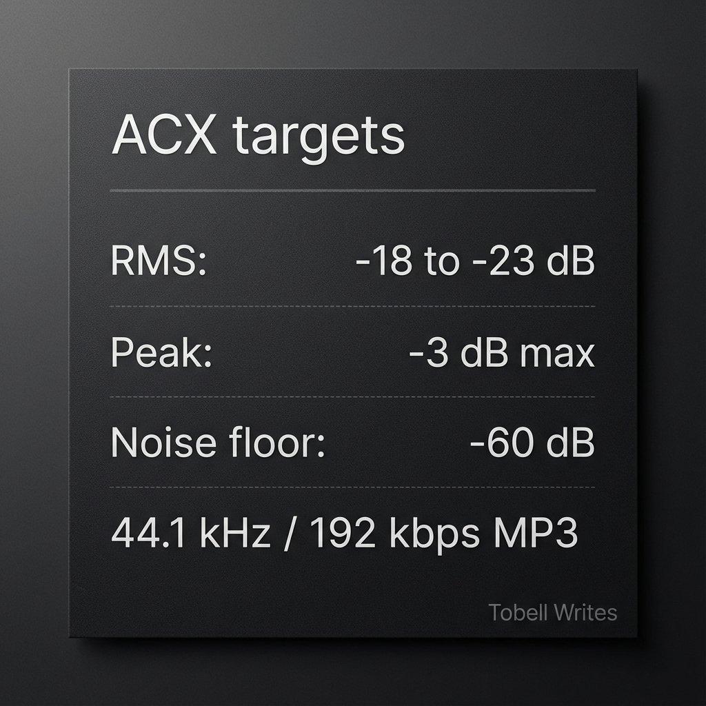 Gaylussac191's tweet image. ACX rejections aren’t bad narration.
They’re missed specs.
This cheat-sheet shows the edit order, ACX numbers, and final checks.

Save before export.
If ACX bounced your file, reply FIX.

Tobell Writes
#AudiobookTips #ACXhelp #IndieAuthor #SelfPub