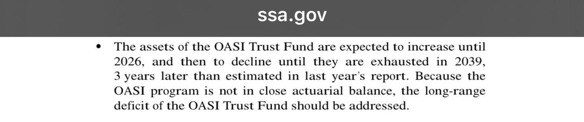 The annual report that started in 86 has shown since 90’s that the SSA funds will be exhausted by 2039-2043 (90’s report).

This is what happens when Americans live longer than FDR anticipated.
<a href="/GmorganJr/">Crowder CEO</a>
