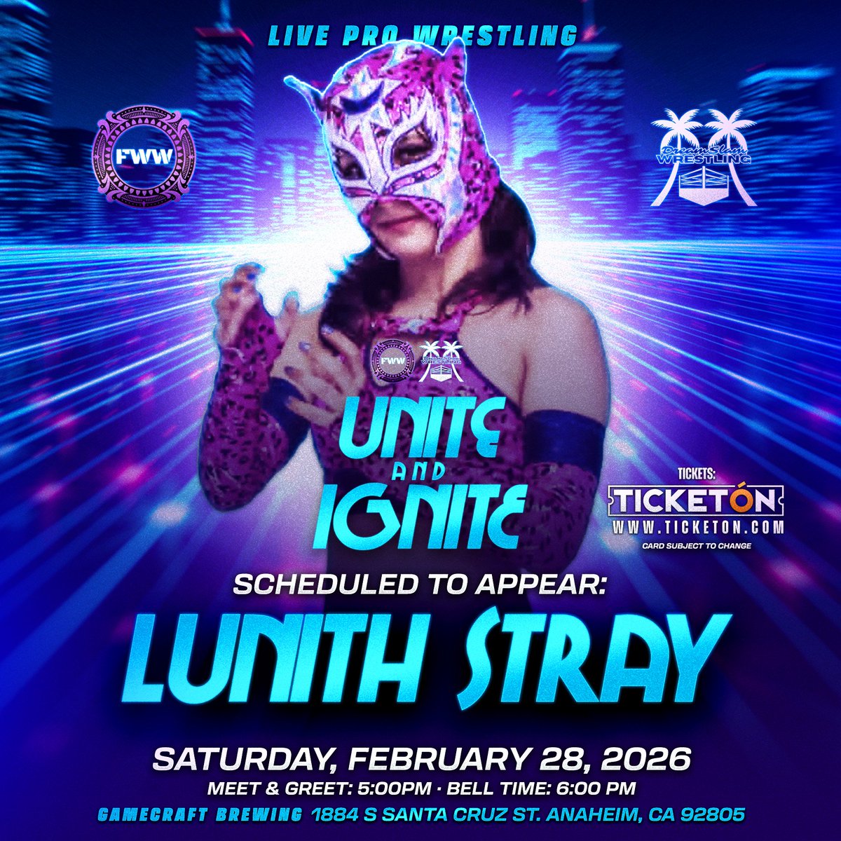 FWW_LA's tweet photo. LUNITH STRAY makes her Future of Women’s Wrestling debut at

UNITE &amp; IGNITE

SATURDAY, FEBRUARY 28, 2026

GAMECRAFT BREWING
1884 S SANTA CRUZ STREET 
ANAHEIM, CA 92805

@lunith.stray

Tix: 
https://t.co/jNMp2VsAnp

#thefutureisnow #womenswrestling #wrestling #indiewrestling https://t.co/XshaUEv758