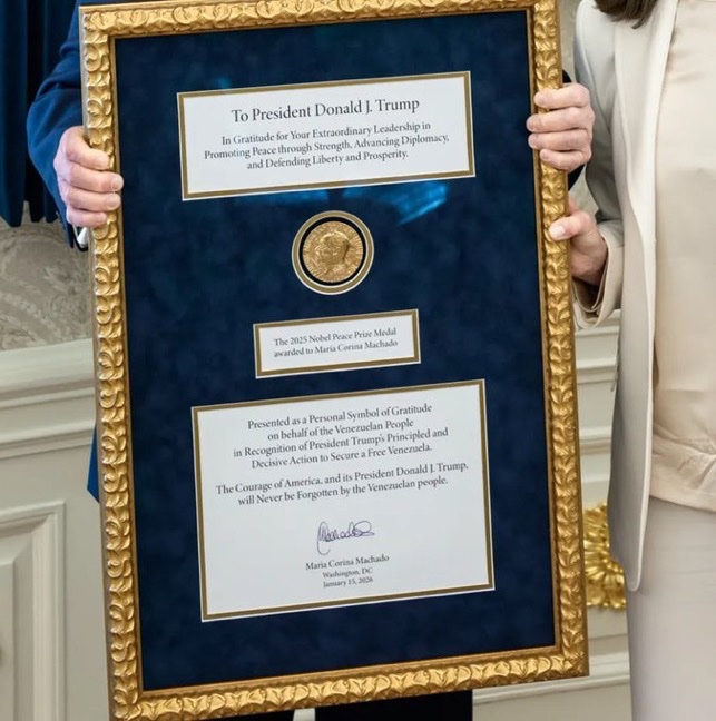 NewsWire_US's tweet image. President Trump with Nobel Peace Prize medal presented to him by Maria Corina Machado.